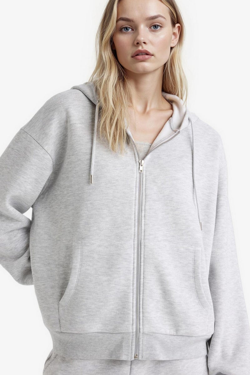 DeFacto Grey Woman Relax Fit Basic Thick Fabric Zip-Up Hoodie Casual - Image 1
